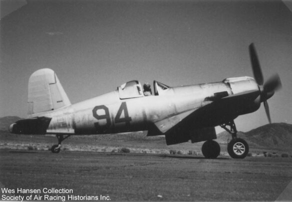 FG-1D Corsair Race 94 during takeoff at Reno Air Races 1970, with shortened wings and Skyraider propeller”