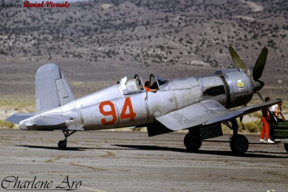 FG-1D Corsair Race 94 during takeoff at Reno Air Races 1970, with shortened wings and Skyraider propeller”