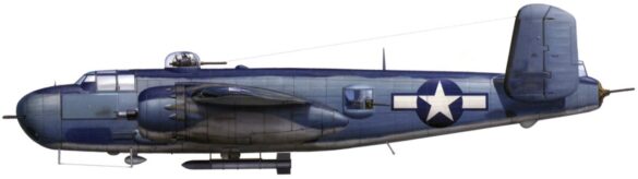 "USMC PBJ-1H Mitchell with radar pod and rocket launchers on a Pacific island, 1945"
