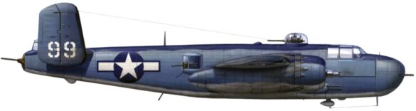 "USMC PBJ-1H Mitchell with radar pod and rocket launchers on a Pacific island, 1945"