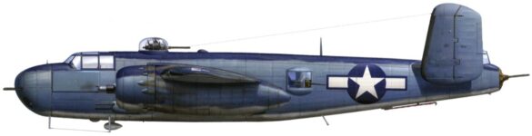 "USMC PBJ-1H Mitchell with radar pod and rocket launchers on a Pacific island, 1945"