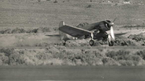 FG-1D Corsair Race 94 during takeoff at Reno Air Races 1970, with shortened wings and Skyraider propeller”