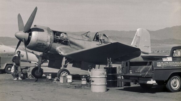 FG-1D Corsair Race 94 during takeoff at Reno Air Races 1970, with shortened wings and Skyraider propeller”