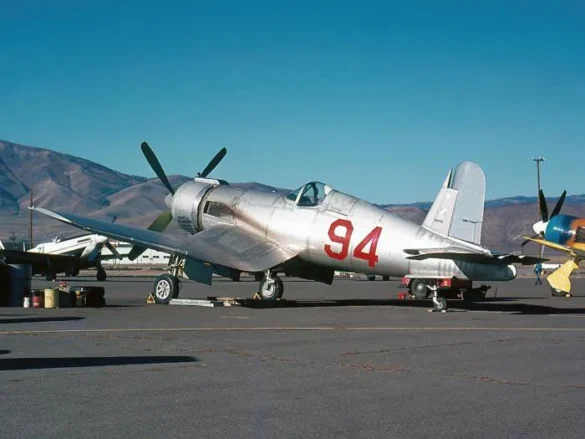 FG-1D Corsair Race 94 during takeoff at Reno Air Races 1970, with shortened wings and Skyraider propeller”