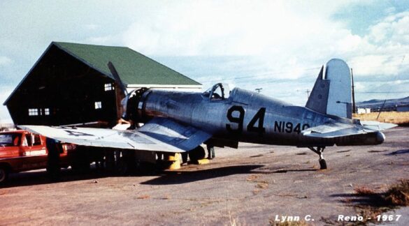 FG-1D Corsair Race 94 during takeoff at Reno Air Races 1970, with shortened wings and Skyraider propeller”