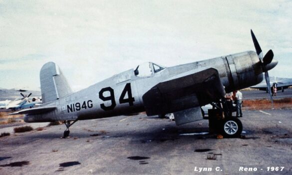 FG-1D Corsair Race 94 during takeoff at Reno Air Races 1970, with shortened wings and Skyraider propeller”