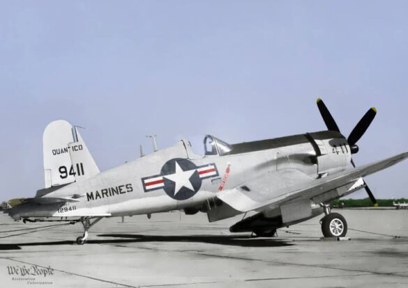 “Vought AU-1 Corsair in Light Gull Gray over Insignia White parked at NAS North Island, January 1956 – side profile with underwing pylons visible.”