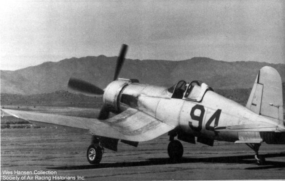 FG-1D Corsair Race 94 during takeoff at Reno Air Races 1970, with shortened wings and Skyraider propeller”