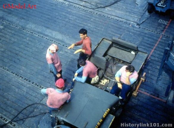 WWII U.S. Aircraft Carrier Deck – Crew Colors, FS Codes & Diorama Guide Infographic of WWII U.S. Navy Aircraft Carrier Deck Support Equipment, Tractors, Fuel & Ammo Carts, and Deck Crew with FS Color Codes for Scale Modeling Dioramas