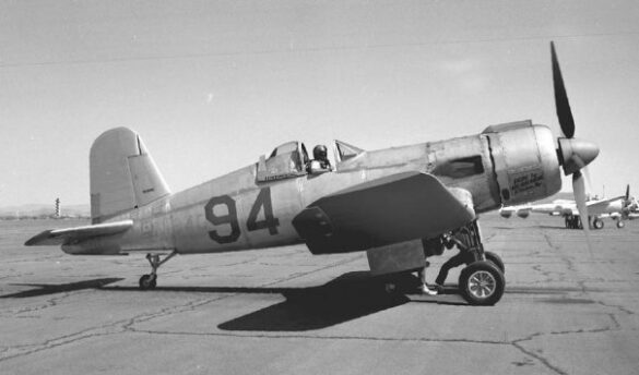 FG-1D Corsair Race 94 during takeoff at Reno Air Races 1970, with shortened wings and Skyraider propeller”