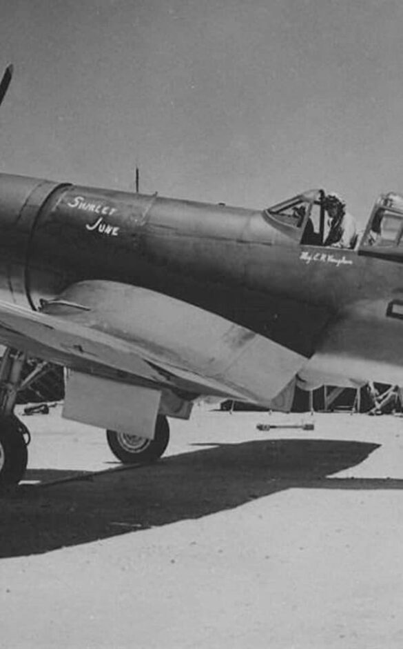 "F4U-2(N) Corsair night fighter with radar dome on right wingtip – VF(N)-101, USS Enterprise, 1944" "Modified F4U-1A Corsair converted to night fighter configuration – VMF(N)-532, Roi Island base, 1944" "US Navy F4U-2 Corsair with flame arrestors and black-over-blue night camouflage" "Close-up of AIA radar dome installed on F4U-2 wing – early WWII night fighter technology" "Cockpit interior of F4U-2(N) with Sperry autopilot and radar display"
