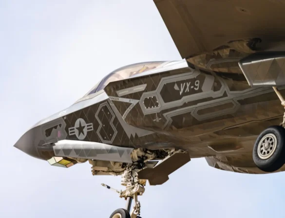 F-35C VX-9 Vampires with reflective mirror stealth coating and visible tail insignia