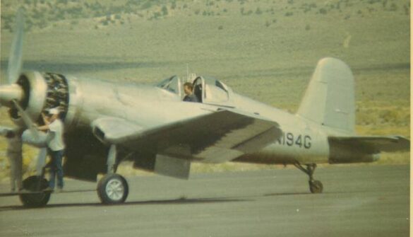 FG-1D Corsair Race 94 during takeoff at Reno Air Races 1970, with shortened wings and Skyraider propeller”