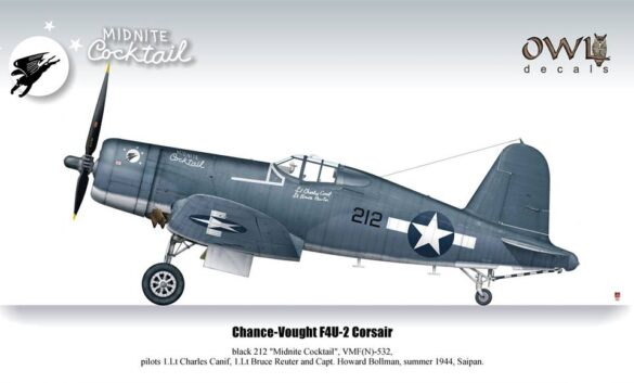 "F4U-2(N) Corsair night fighter with radar dome on right wingtip – VF(N)-101, USS Enterprise, 1944" "Modified F4U-1A Corsair converted to night fighter configuration – VMF(N)-532, Roi Island base, 1944" "US Navy F4U-2 Corsair with flame arrestors and black-over-blue night camouflage" "Close-up of AIA radar dome installed on F4U-2 wing – early WWII night fighter technology" "Cockpit interior of F4U-2(N) with Sperry autopilot and radar display"