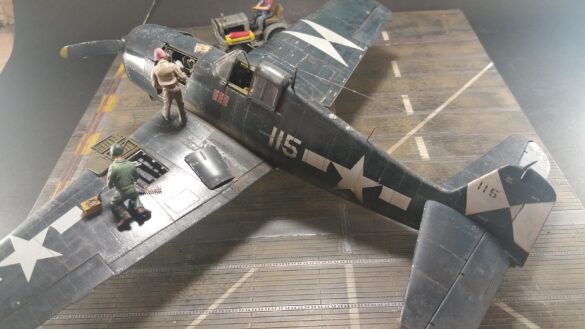 Eduard 1/48 F6F-5 Hellcat “White 115” parked on US Navy carrier deck diorama – folded wings and weathered WWII carrier fighter scene