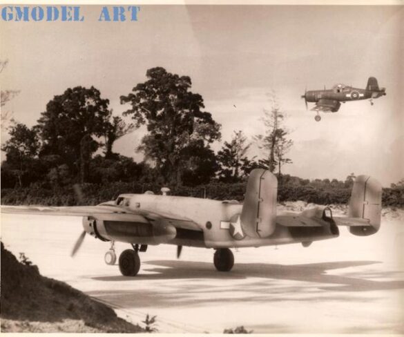 "USMC PBJ-1H Mitchell with radar pod and rocket launchers on a Pacific island, 1945"