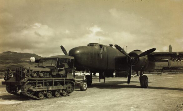 "USMC PBJ-1H Mitchell with radar pod and rocket launchers on a Pacific island, 1945"