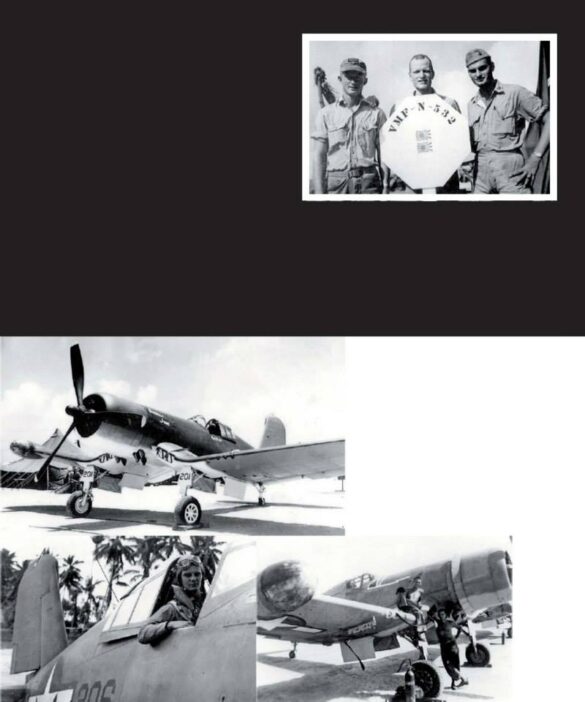 "F4U-2(N) Corsair night fighter with radar dome on right wingtip – VF(N)-101, USS Enterprise, 1944" "Modified F4U-1A Corsair converted to night fighter configuration – VMF(N)-532, Roi Island base, 1944" "US Navy F4U-2 Corsair with flame arrestors and black-over-blue night camouflage" "Close-up of AIA radar dome installed on F4U-2 wing – early WWII night fighter technology" "Cockpit interior of F4U-2(N) with Sperry autopilot and radar display"