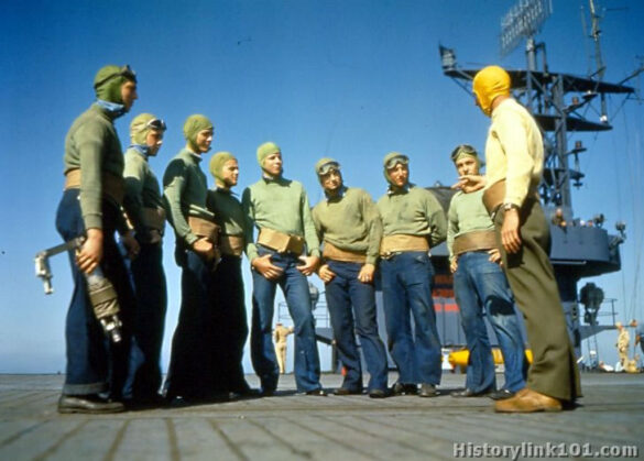 WWII U.S. Aircraft Carrier Deck – Crew Colors, FS Codes & Diorama Guide Infographic of WWII U.S. Navy Aircraft Carrier Deck Support Equipment, Tractors, Fuel & Ammo Carts, and Deck Crew with FS Color Codes for Scale Modeling Dioramas