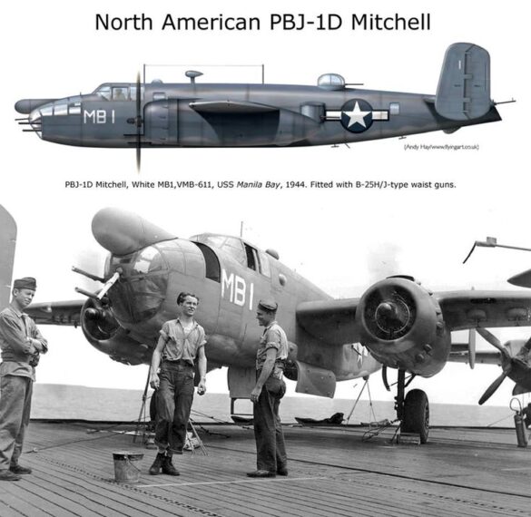 "USMC PBJ-1H Mitchell with radar pod and rocket launchers on a Pacific island, 1945"