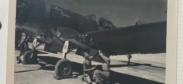 "F4U-2(N) Corsair night fighter with radar dome on right wingtip – VF(N)-101, USS Enterprise, 1944" "Modified F4U-1A Corsair converted to night fighter configuration – VMF(N)-532, Roi Island base, 1944" "US Navy F4U-2 Corsair with flame arrestors and black-over-blue night camouflage" "Close-up of AIA radar dome installed on F4U-2 wing – early WWII night fighter technology" "Cockpit interior of F4U-2(N) with Sperry autopilot and radar display"