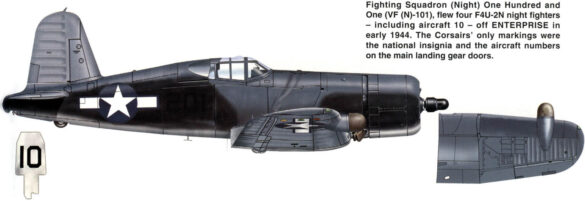 "F4U-2(N) Corsair night fighter with radar dome on right wingtip – VF(N)-101, USS Enterprise, 1944" "Modified F4U-1A Corsair converted to night fighter configuration – VMF(N)-532, Roi Island base, 1944" "US Navy F4U-2 Corsair with flame arrestors and black-over-blue night camouflage" "Close-up of AIA radar dome installed on F4U-2 wing – early WWII night fighter technology" "Cockpit interior of F4U-2(N) with Sperry autopilot and radar display"