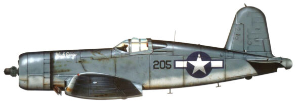 "F4U-2(N) Corsair night fighter with radar dome on right wingtip – VF(N)-101, USS Enterprise, 1944" "Modified F4U-1A Corsair converted to night fighter configuration – VMF(N)-532, Roi Island base, 1944" "US Navy F4U-2 Corsair with flame arrestors and black-over-blue night camouflage" "Close-up of AIA radar dome installed on F4U-2 wing – early WWII night fighter technology" "Cockpit interior of F4U-2(N) with Sperry autopilot and radar display"