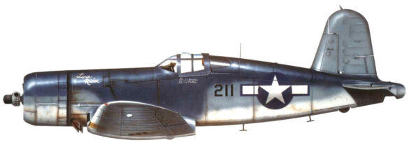 "F4U-2(N) Corsair night fighter with radar dome on right wingtip – VF(N)-101, USS Enterprise, 1944" "Modified F4U-1A Corsair converted to night fighter configuration – VMF(N)-532, Roi Island base, 1944" "US Navy F4U-2 Corsair with flame arrestors and black-over-blue night camouflage" "Close-up of AIA radar dome installed on F4U-2 wing – early WWII night fighter technology" "Cockpit interior of F4U-2(N) with Sperry autopilot and radar display"