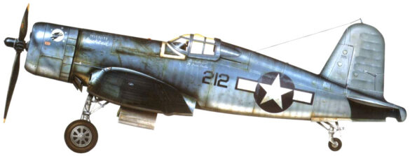 "F4U-2(N) Corsair night fighter with radar dome on right wingtip – VF(N)-101, USS Enterprise, 1944" "Modified F4U-1A Corsair converted to night fighter configuration – VMF(N)-532, Roi Island base, 1944" "US Navy F4U-2 Corsair with flame arrestors and black-over-blue night camouflage" "Close-up of AIA radar dome installed on F4U-2 wing – early WWII night fighter technology" "Cockpit interior of F4U-2(N) with Sperry autopilot and radar display"