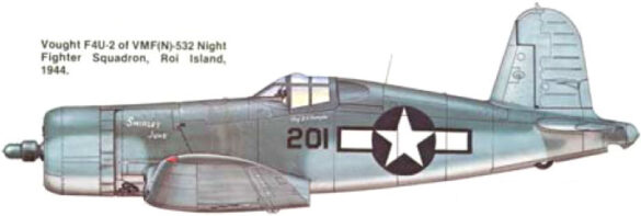 "F4U-2(N) Corsair night fighter with radar dome on right wingtip – VF(N)-101, USS Enterprise, 1944" "Modified F4U-1A Corsair converted to night fighter configuration – VMF(N)-532, Roi Island base, 1944" "US Navy F4U-2 Corsair with flame arrestors and black-over-blue night camouflage" "Close-up of AIA radar dome installed on F4U-2 wing – early WWII night fighter technology" "Cockpit interior of F4U-2(N) with Sperry autopilot and radar display"