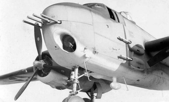 "USMC PBJ-1H Mitchell with radar pod and rocket launchers on a Pacific island, 1945"