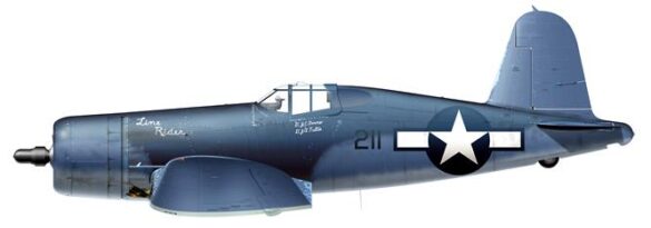 "F4U-2(N) Corsair night fighter with radar dome on right wingtip – VF(N)-101, USS Enterprise, 1944" "Modified F4U-1A Corsair converted to night fighter configuration – VMF(N)-532, Roi Island base, 1944" "US Navy F4U-2 Corsair with flame arrestors and black-over-blue night camouflage" "Close-up of AIA radar dome installed on F4U-2 wing – early WWII night fighter technology" "Cockpit interior of F4U-2(N) with Sperry autopilot and radar display"