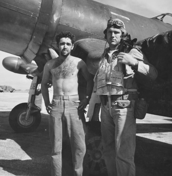 "F4U-2(N) Corsair night fighter with radar dome on right wingtip – VF(N)-101, USS Enterprise, 1944" "Modified F4U-1A Corsair converted to night fighter configuration – VMF(N)-532, Roi Island base, 1944" "US Navy F4U-2 Corsair with flame arrestors and black-over-blue night camouflage" "Close-up of AIA radar dome installed on F4U-2 wing – early WWII night fighter technology" "Cockpit interior of F4U-2(N) with Sperry autopilot and radar display"