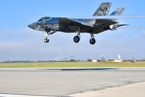 F-35C VX-9 Vampires with reflective mirror stealth coating and visible tail insignia