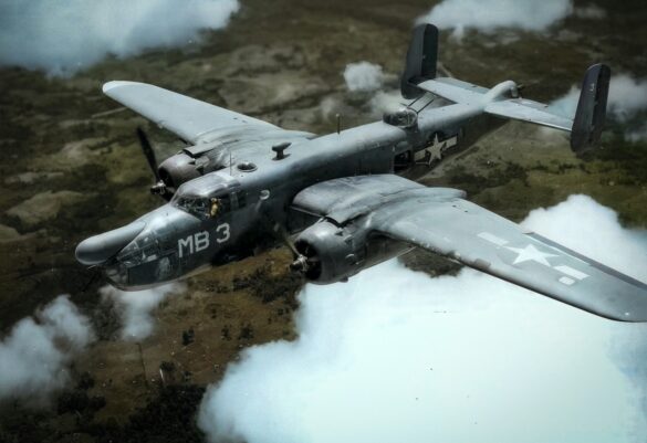 "USMC PBJ-1H Mitchell with radar pod and rocket launchers on a Pacific island, 1945"
