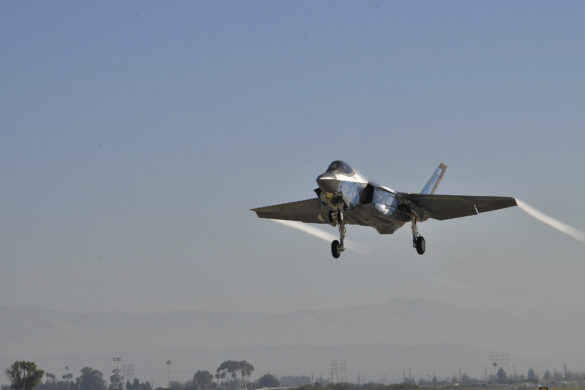 F-35C VX-9 Vampires with reflective mirror stealth coating and visible tail insignia