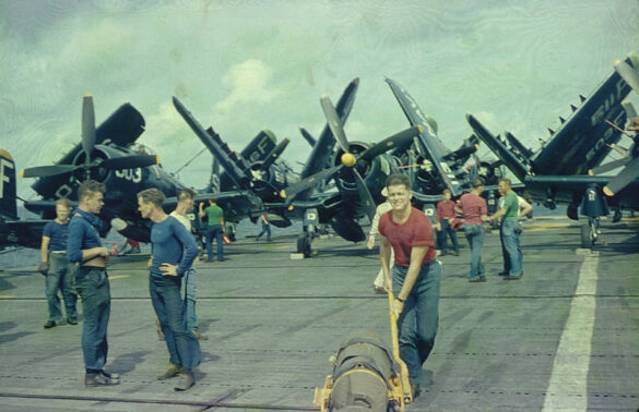 WWII U.S. Aircraft Carrier Deck – Crew Colors, FS Codes & Diorama Guide Infographic of WWII U.S. Navy Aircraft Carrier Deck Support Equipment, Tractors, Fuel & Ammo Carts, and Deck Crew with FS Color Codes for Scale Modeling Dioramas