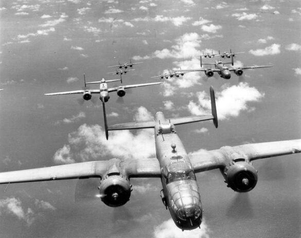 "USMC PBJ-1H Mitchell with radar pod and rocket launchers on a Pacific island, 1945"