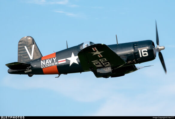 FG-1D Corsair Race 94 during takeoff at Reno Air Races 1970, with shortened wings and Skyraider propeller”
