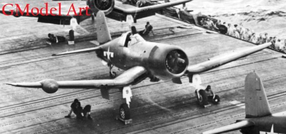 "F4U-2(N) Corsair night fighter with radar dome on right wingtip – VF(N)-101, USS Enterprise, 1944" "Modified F4U-1A Corsair converted to night fighter configuration – VMF(N)-532, Roi Island base, 1944" "US Navy F4U-2 Corsair with flame arrestors and black-over-blue night camouflage" "Close-up of AIA radar dome installed on F4U-2 wing – early WWII night fighter technology" "Cockpit interior of F4U-2(N) with Sperry autopilot and radar display"
