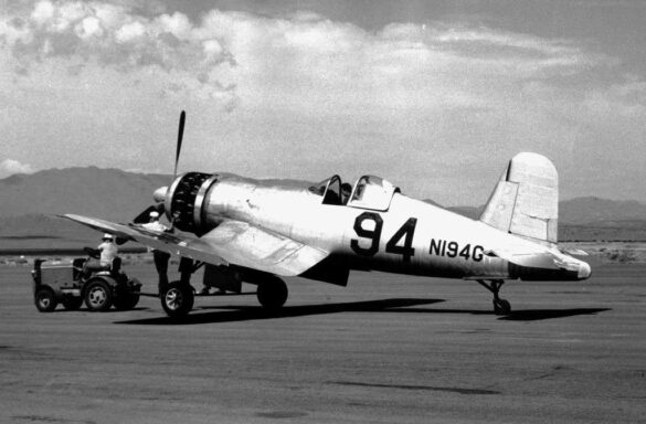 FG-1D Corsair Race 94 during takeoff at Reno Air Races 1970, with shortened wings and Skyraider propeller”
