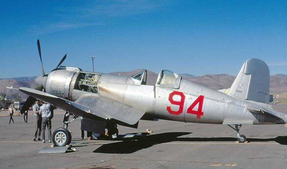 FG-1D Corsair Race 94 during takeoff at Reno Air Races 1970, with shortened wings and Skyraider propeller”
