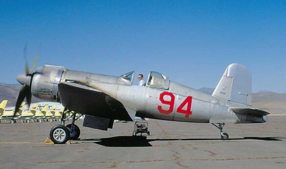 FG-1D Corsair Race 94 during takeoff at Reno Air Races 1970, with shortened wings and Skyraider propeller”