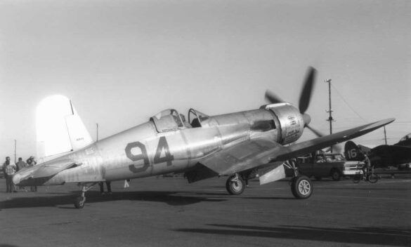 FG-1D Corsair Race 94 during takeoff at Reno Air Races 1970, with shortened wings and Skyraider propeller”