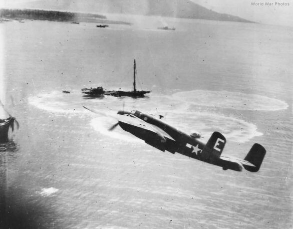 "USMC PBJ-1H Mitchell with radar pod and rocket launchers on a Pacific island, 1945"