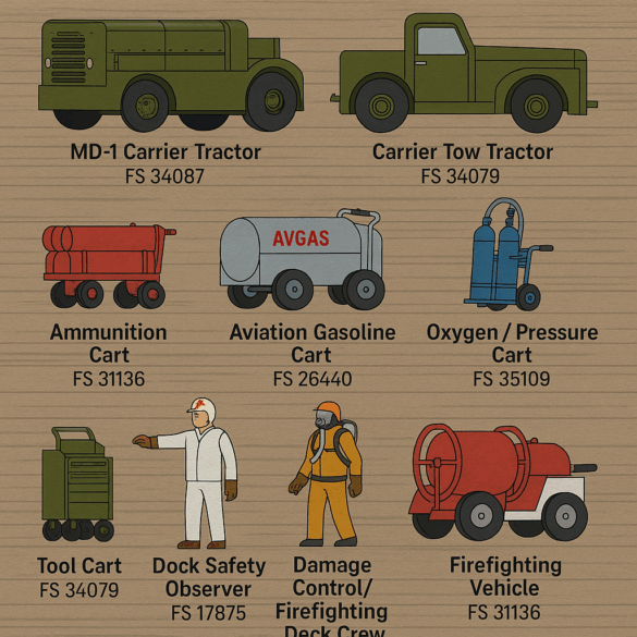 WWII U.S. Aircraft Carrier Deck – Crew Colors, FS Codes & Diorama Guide Infographic of WWII U.S. Navy Aircraft Carrier Deck Support Equipment, Tractors, Fuel & Ammo Carts, and Deck Crew with FS Color Codes for Scale Modeling Dioramas