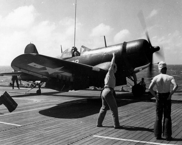 F4U-1D_Corsair_of_VMF-224_on_the_catapult_ready_from_launch_from_the_escort_carrier_USS_Sitkoh_Bay_CVE-86_March_28_1945 Infographic of WWII U.S. Navy Aircraft Carrier Deck Support Equipment, Tractors, Fuel & Ammo Carts, and Deck Crew with FS Color Codes for Scale Modeling Dioramas