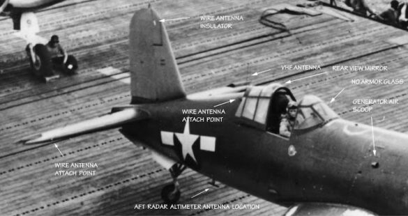 "F4U-2(N) Corsair night fighter with radar dome on right wingtip – VF(N)-101, USS Enterprise, 1944" "Modified F4U-1A Corsair converted to night fighter configuration – VMF(N)-532, Roi Island base, 1944" "US Navy F4U-2 Corsair with flame arrestors and black-over-blue night camouflage" "Close-up of AIA radar dome installed on F4U-2 wing – early WWII night fighter technology" "Cockpit interior of F4U-2(N) with Sperry autopilot and radar display"