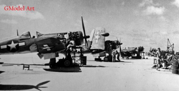 "F4U-2(N) Corsair night fighter with radar dome on right wingtip – VF(N)-101, USS Enterprise, 1944" "Modified F4U-1A Corsair converted to night fighter configuration – VMF(N)-532, Roi Island base, 1944" "US Navy F4U-2 Corsair with flame arrestors and black-over-blue night camouflage" "Close-up of AIA radar dome installed on F4U-2 wing – early WWII night fighter technology" "Cockpit interior of F4U-2(N) with Sperry autopilot and radar display"