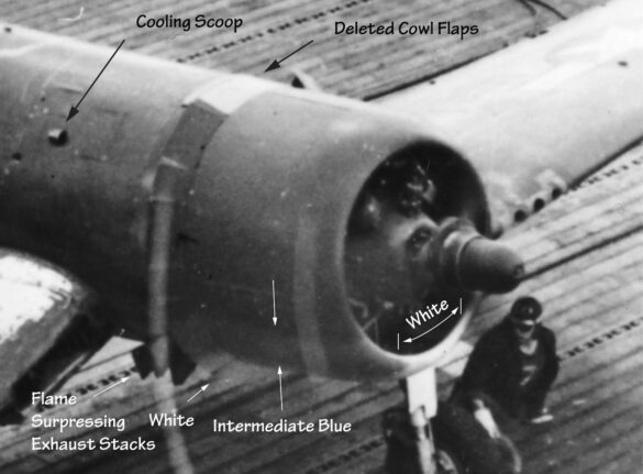 "F4U-2(N) Corsair night fighter with radar dome on right wingtip – VF(N)-101, USS Enterprise, 1944" "Modified F4U-1A Corsair converted to night fighter configuration – VMF(N)-532, Roi Island base, 1944" "US Navy F4U-2 Corsair with flame arrestors and black-over-blue night camouflage" "Close-up of AIA radar dome installed on F4U-2 wing – early WWII night fighter technology" "Cockpit interior of F4U-2(N) with Sperry autopilot and radar display"